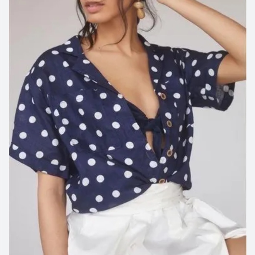 Anthropologie Maeve Polka Dot Printed Buttondown Surf Shirt Navy White Sz XS